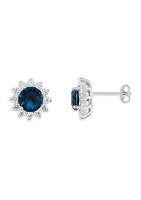 Sterling Silver Blue Spinel and Cubic Zirconia Flower Stud Earrings