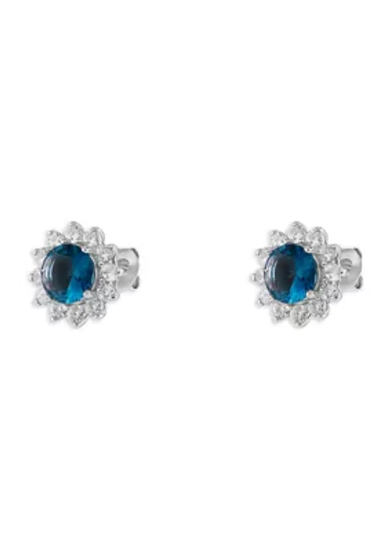 Sterling Silver Blue Spinel and Cubic Zirconia Flower Stud Earrings
