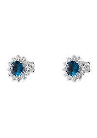 Sterling Silver Blue Spinel and Cubic Zirconia Flower Stud Earrings