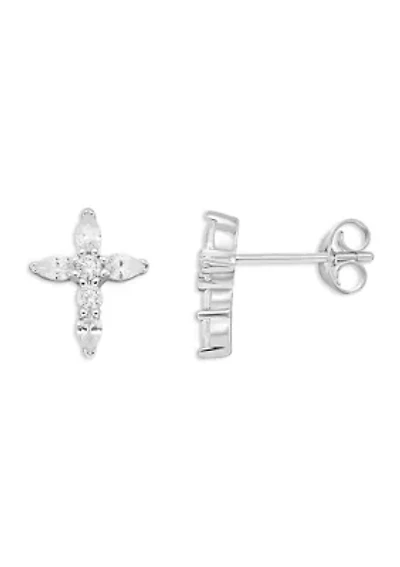 Sterling Silver Cubic Zirconia Cross Stud Earrings
