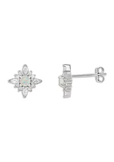Sterling Silver Opal Cubic Zirconia Cluster Stud Earrings