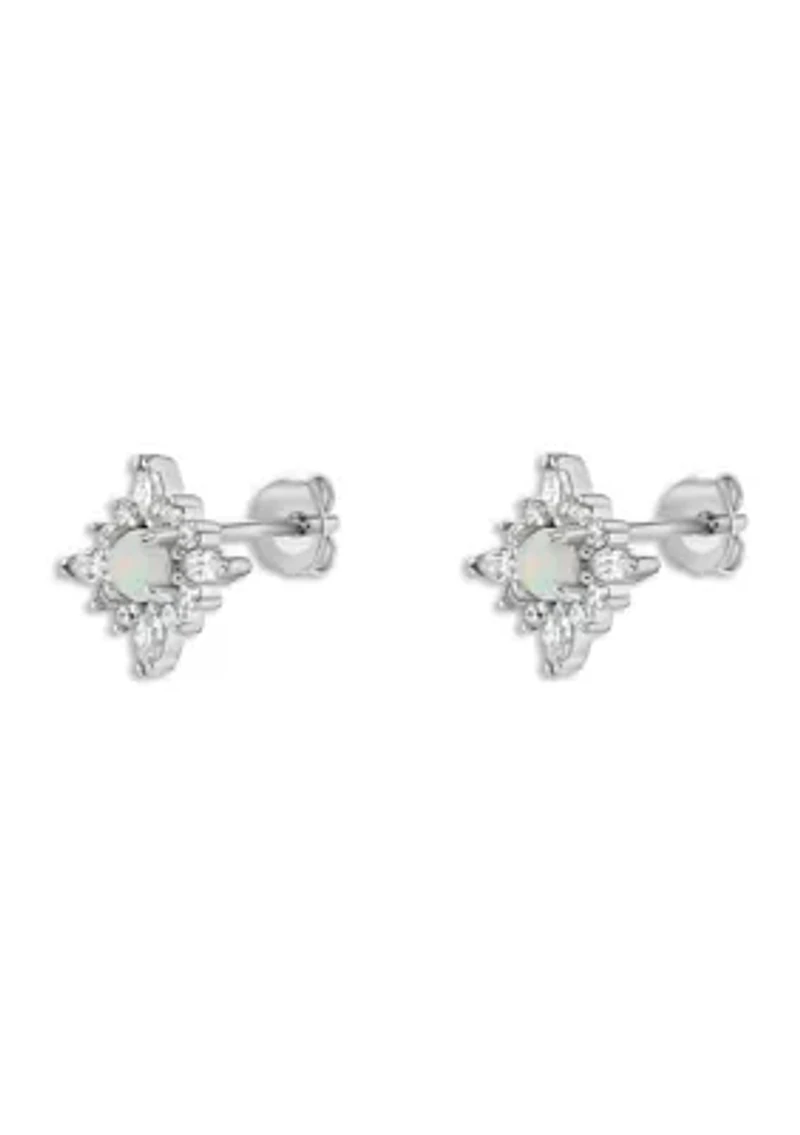 Sterling Silver Opal Cubic Zirconia Cluster Stud Earrings