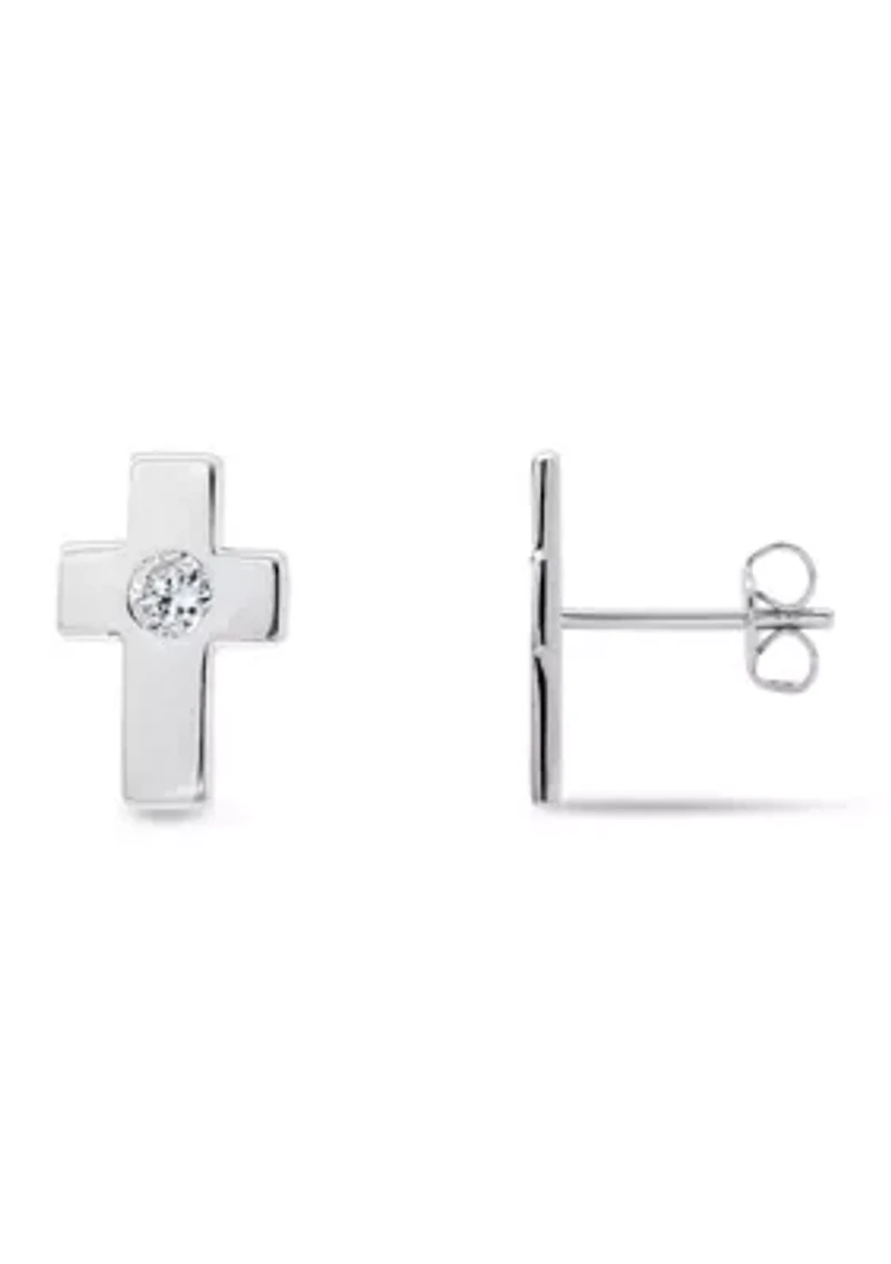 Sterling Silver Polished Cross Cubic Zirconia Center Stud Earrings