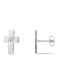 Sterling Silver Polished Cross Cubic Zirconia Center Stud Earrings