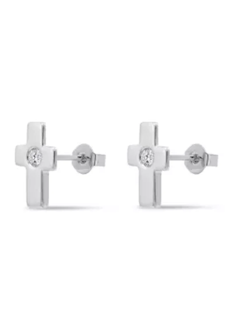 Sterling Silver Polished Cross Cubic Zirconia Center Stud Earrings