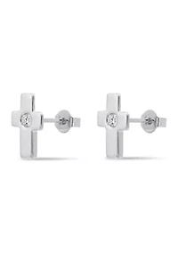 Sterling Silver Polished Cross Cubic Zirconia Center Stud Earrings