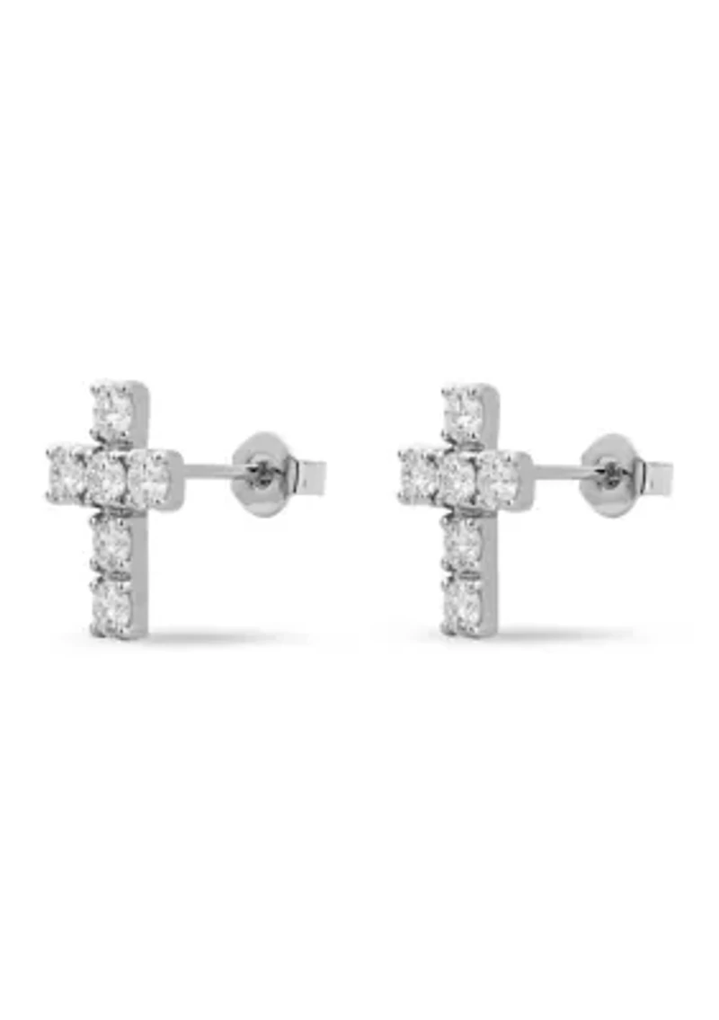 Sterling Silver Pavé Cubic Zirconia Cross Stud Earrings