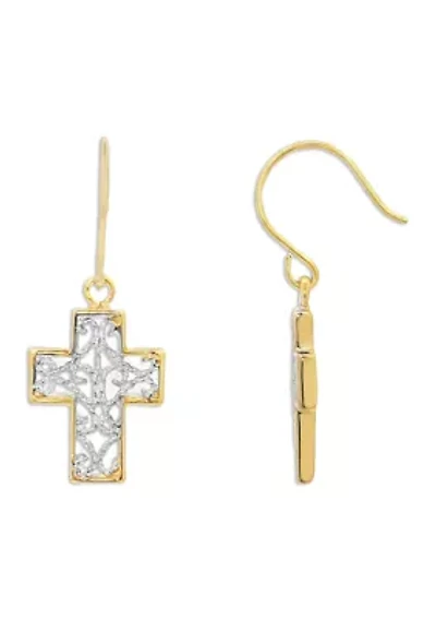 Two Tone Filigree Cross Drop Earrings in Sterling Silver 