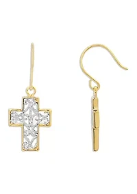 Two Tone Filigree Cross Drop Earrings in Sterling Silver 