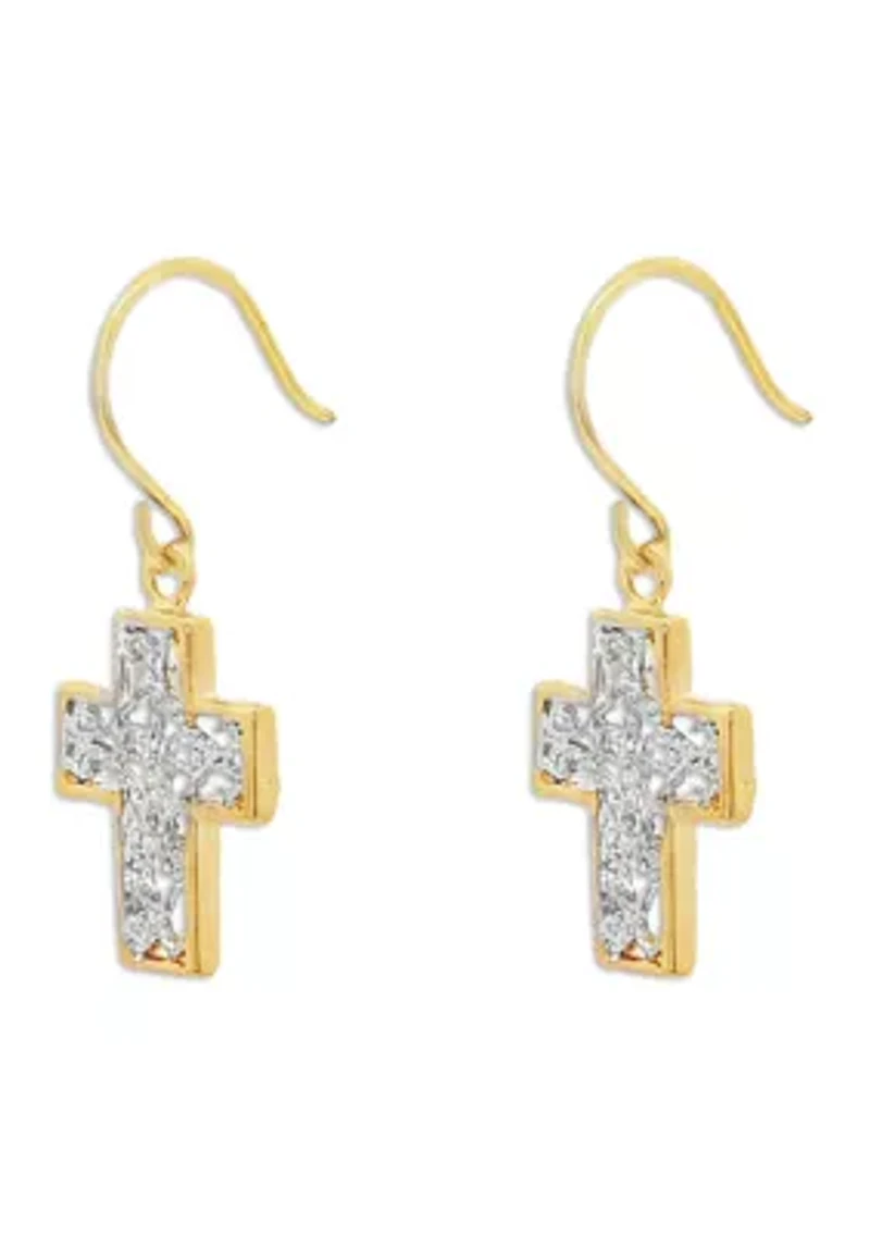 Two Tone Filigree Cross Drop Earrings in Sterling Silver 