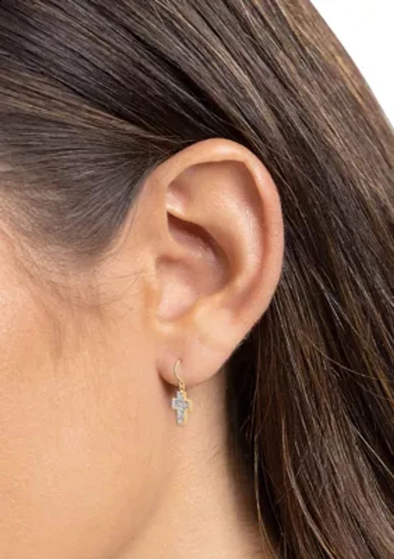 Two Tone Filigree Cross Drop Earrings in Sterling Silver 