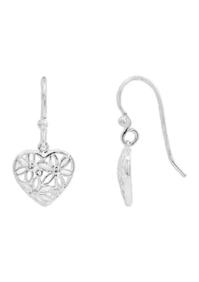 Flower Filigree Heart Shaped Drop Earrings in Sterling Silver 