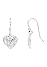 Flower Filigree Heart Shaped Drop Earrings in Sterling Silver 