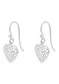 Flower Filigree Heart Shaped Drop Earrings in Sterling Silver 
