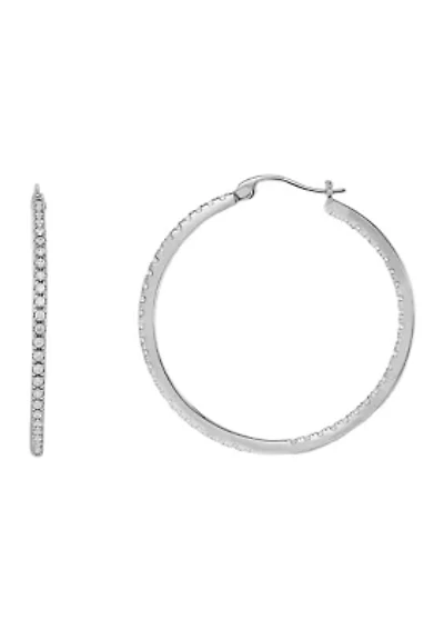 Silver Plated In and Out Pavé Cubic Zirconia Millimeter Hoop Earrings