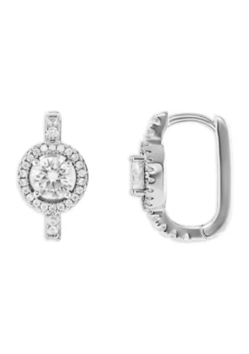 Silver Plated Cubic Zirconia Pave Round Halo Huggie Earrings