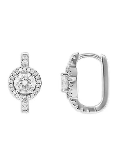 Silver Plated Cubic Zirconia Pave Round Halo Huggie Earrings