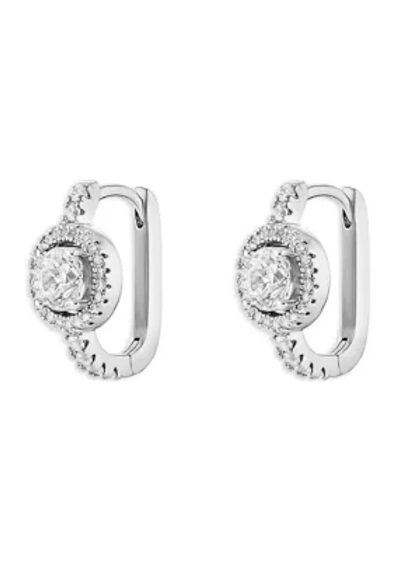 Silver Plated Cubic Zirconia Pave Round Halo Huggie Earrings