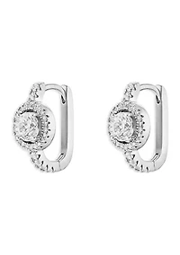 Silver Plated Cubic Zirconia Pave Round Halo Huggie Earrings