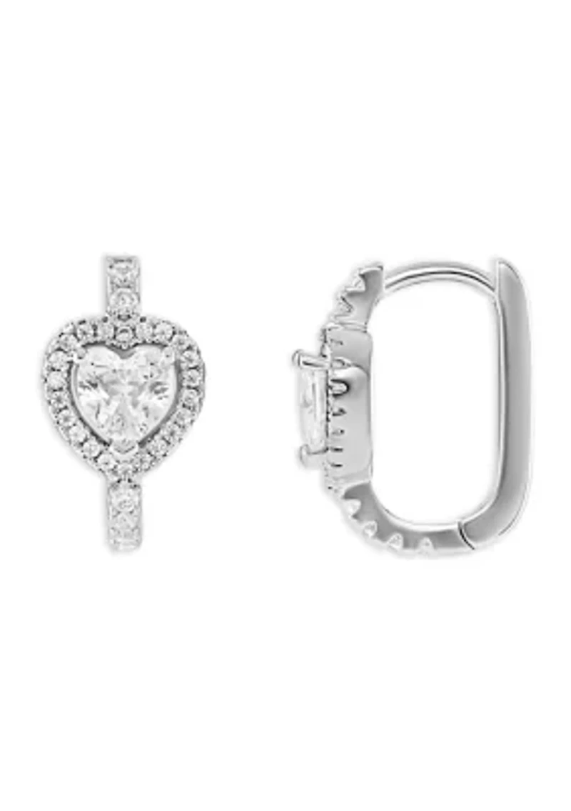 Silver Plated Cubic Zirconia Pave Heart Halo Huggie Earrings