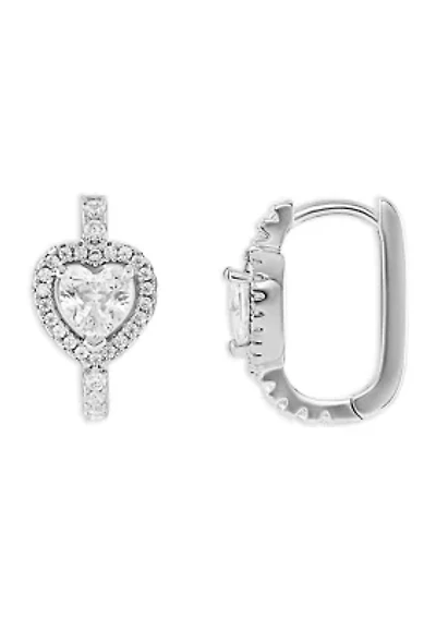 Silver Plated Cubic Zirconia Pave Heart Halo Huggie Earrings