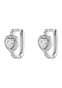 Silver Plated Cubic Zirconia Pave Heart Halo Huggie Earrings