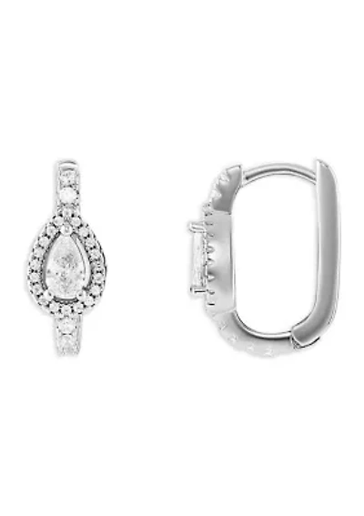 Silver Plated Cubic Zirconia Pave Teardrop Halo Huggie Earrings