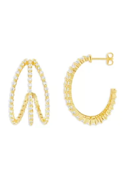 Plated Cubic Zirconia Triple Row C Hoop Earrings