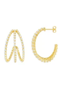 Plated Cubic Zirconia Triple Row C Hoop Earrings