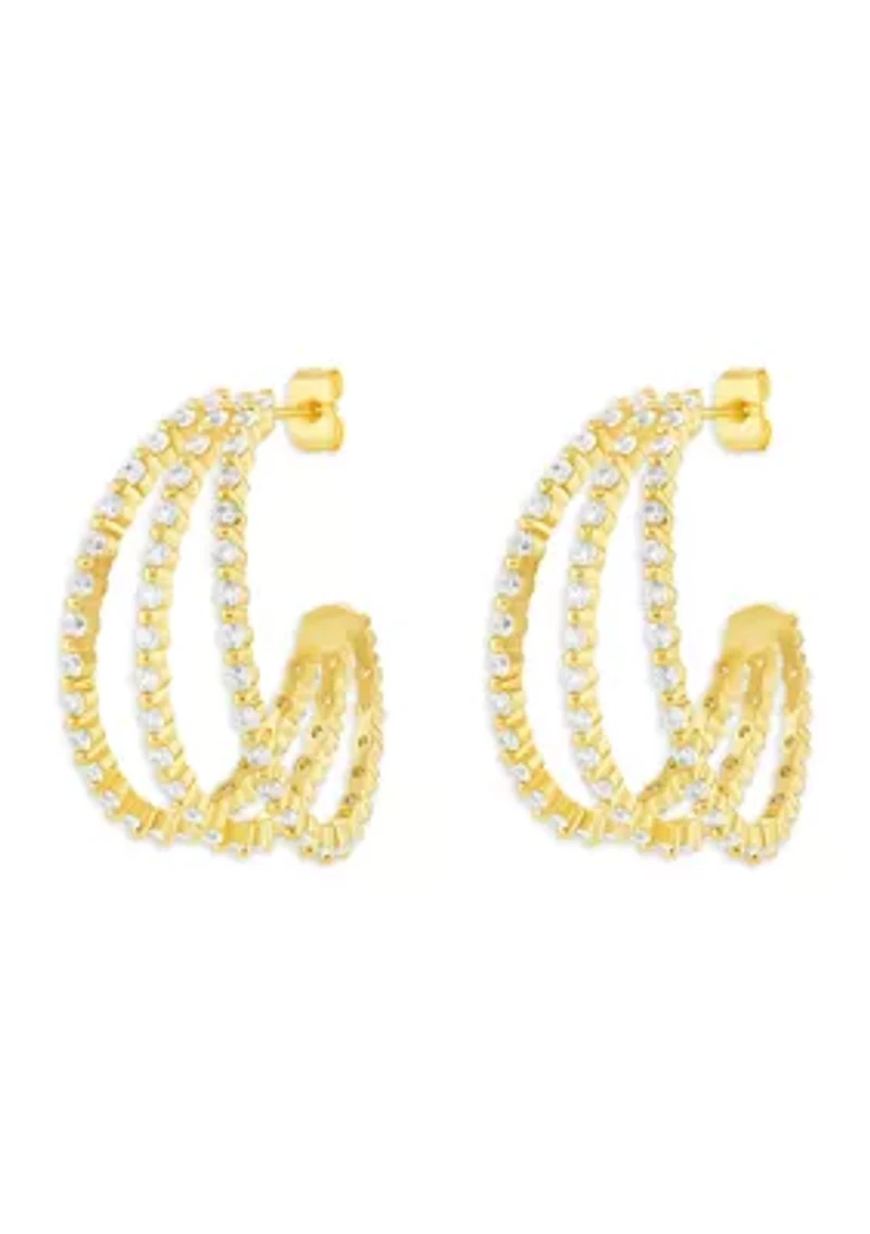 Plated Cubic Zirconia Triple Row C Hoop Earrings