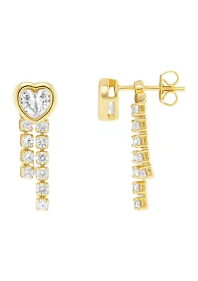 Gold Plated Cubic Zirconia Heart Bezel Stud with Tennis Drops Earrings
