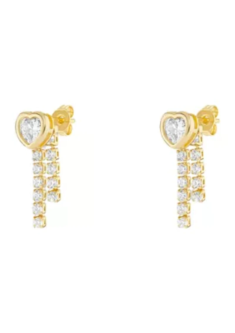 Gold Plated Cubic Zirconia Heart Bezel Stud with Tennis Drops Earrings