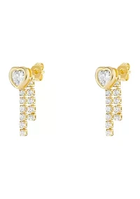 Gold Plated Cubic Zirconia Heart Bezel Stud with Tennis Drops Earrings