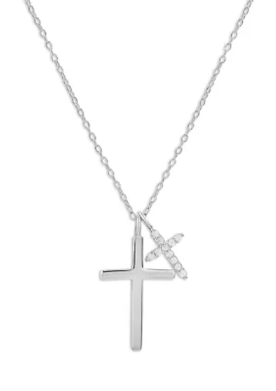 Sterling Silver Polished Pavé Cubic Zirconia Double Cross Pendant Necklace