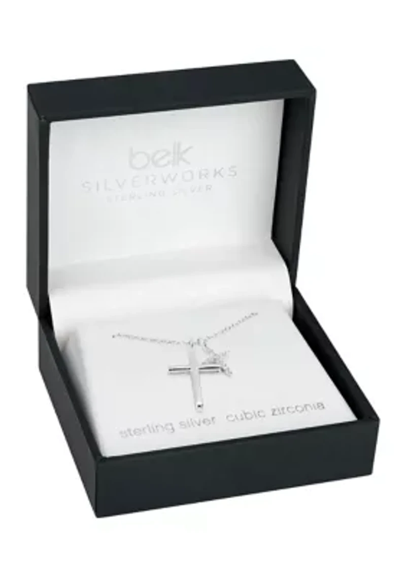 Sterling Silver Polished Pavé Cubic Zirconia Double Cross Pendant Necklace
