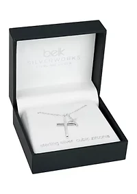 Sterling Silver Polished Pavé Cubic Zirconia Double Cross Pendant Necklace
