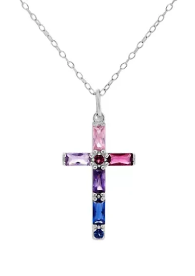 Sterling Silver Multicolor Cubic Zirconia Cross Pendant Necklace