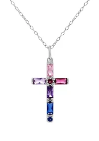Sterling Silver Multicolor Cubic Zirconia Cross Pendant Necklace