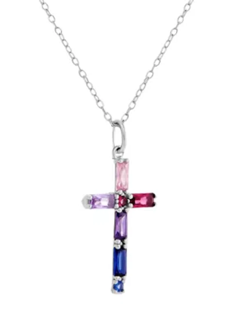 Sterling Silver Multicolor Cubic Zirconia Cross Pendant Necklace