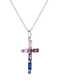 Sterling Silver Multicolor Cubic Zirconia Cross Pendant Necklace