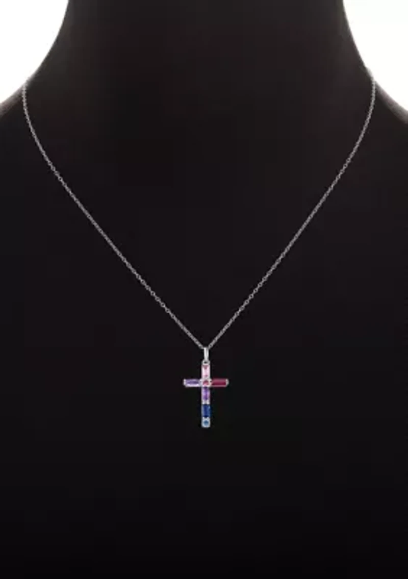 Sterling Silver Multicolor Cubic Zirconia Cross Pendant Necklace