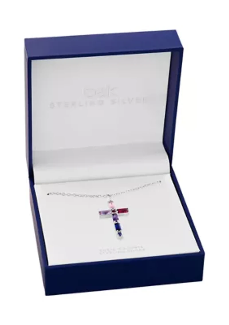 Sterling Silver Multicolor Cubic Zirconia Cross Pendant Necklace