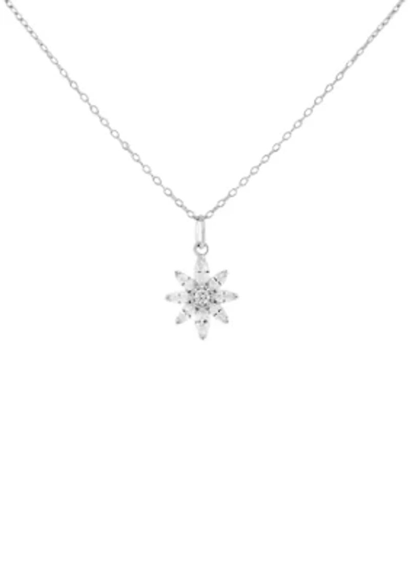Sterling Silver Round Marquise Cubic Zirconia Flower Pendant Necklace