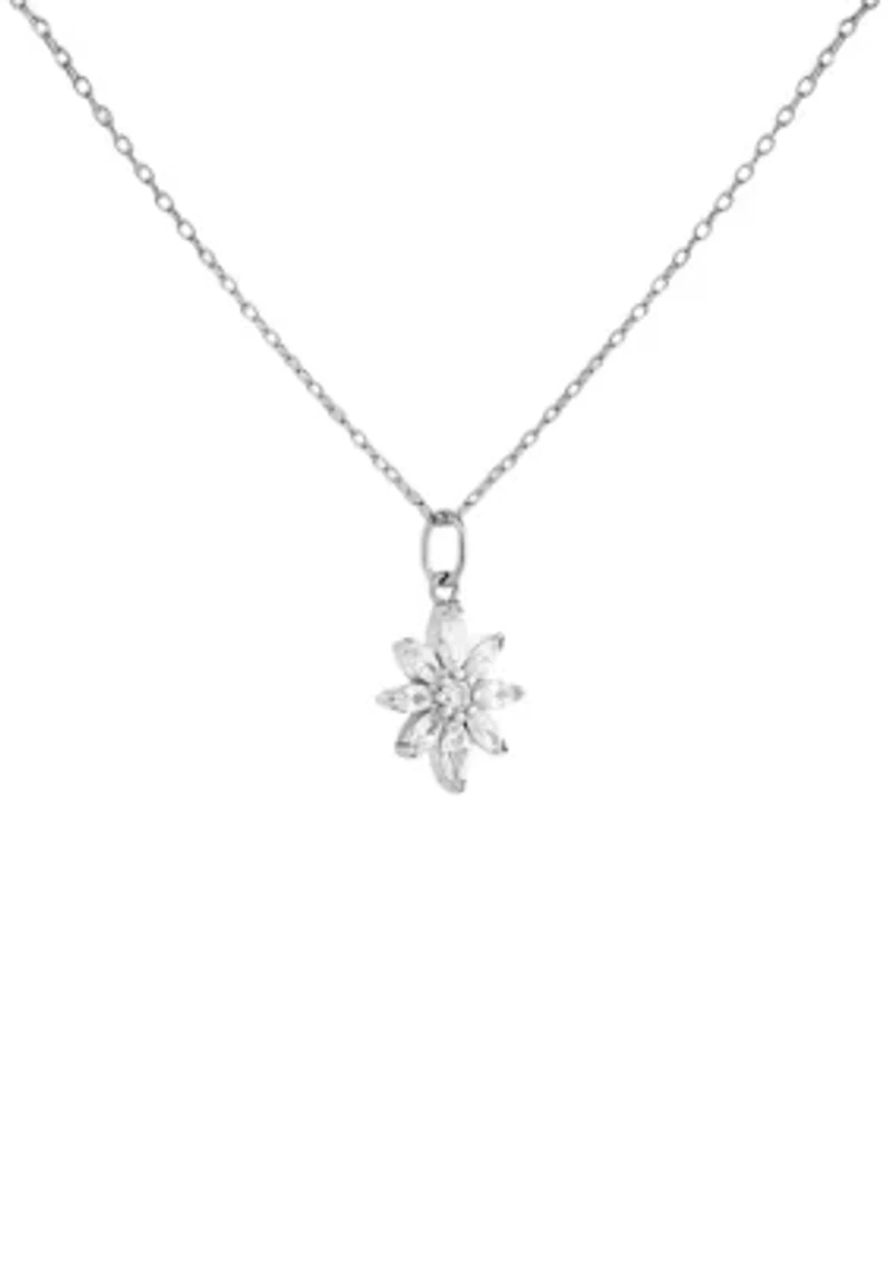 Sterling Silver Round Marquise Cubic Zirconia Flower Pendant Necklace