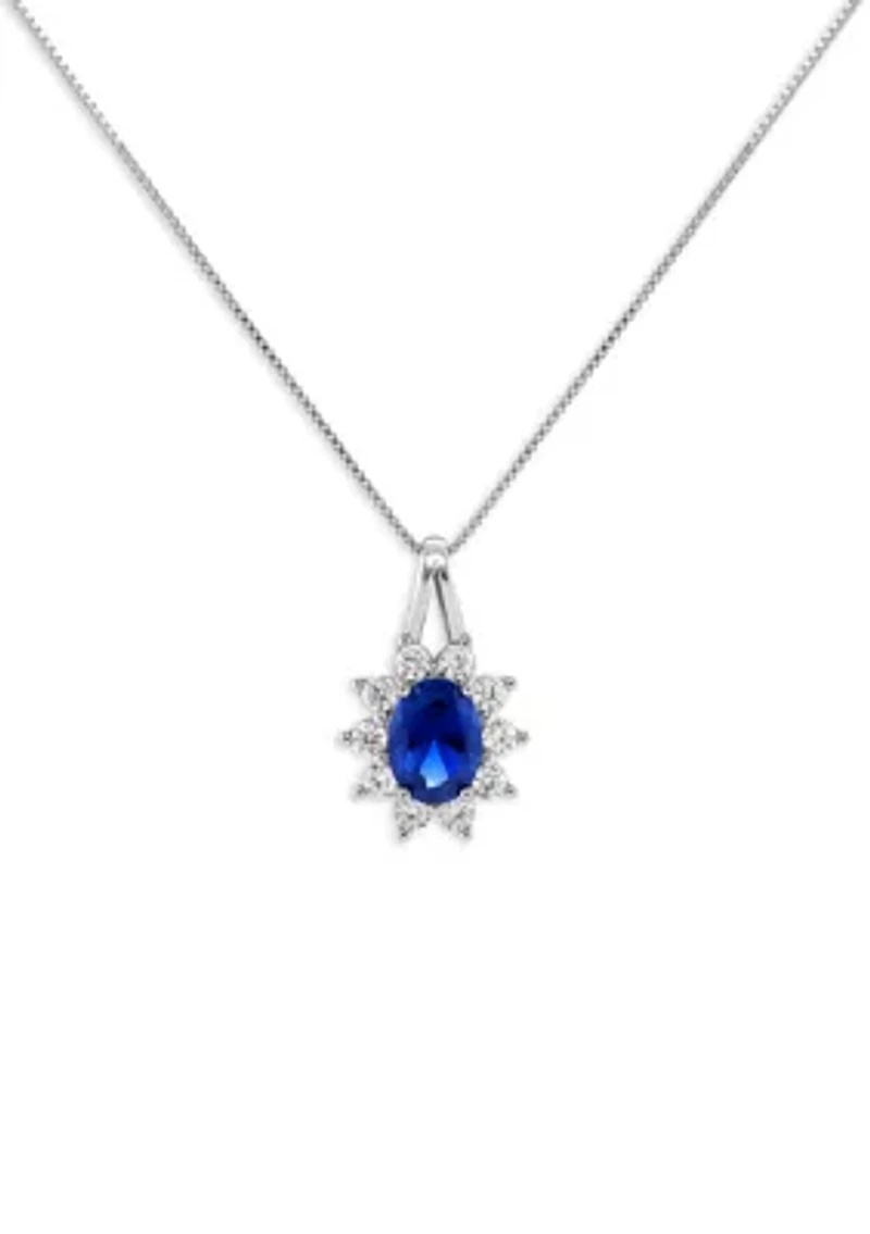 Sterling Silver Cubic Zirconia Blue Nano Oval Flower Pendant Necklace
