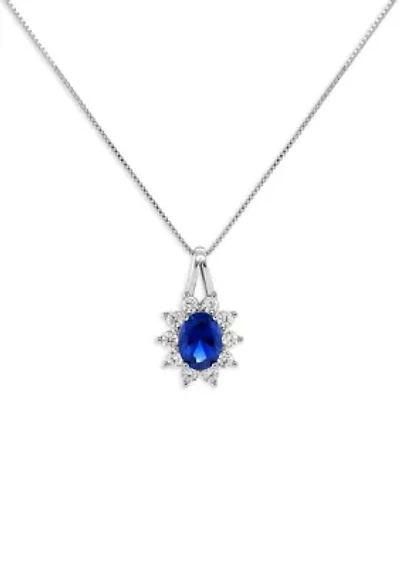 Sterling Silver Cubic Zirconia Blue Nano Oval Flower Pendant Necklace