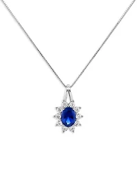 Sterling Silver Cubic Zirconia Blue Nano Oval Flower Pendant Necklace