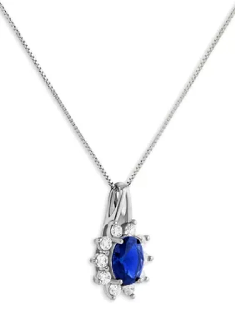 Sterling Silver Cubic Zirconia Blue Nano Oval Flower Pendant Necklace