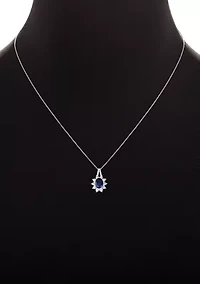 Sterling Silver Cubic Zirconia Blue Nano Oval Flower Pendant Necklace