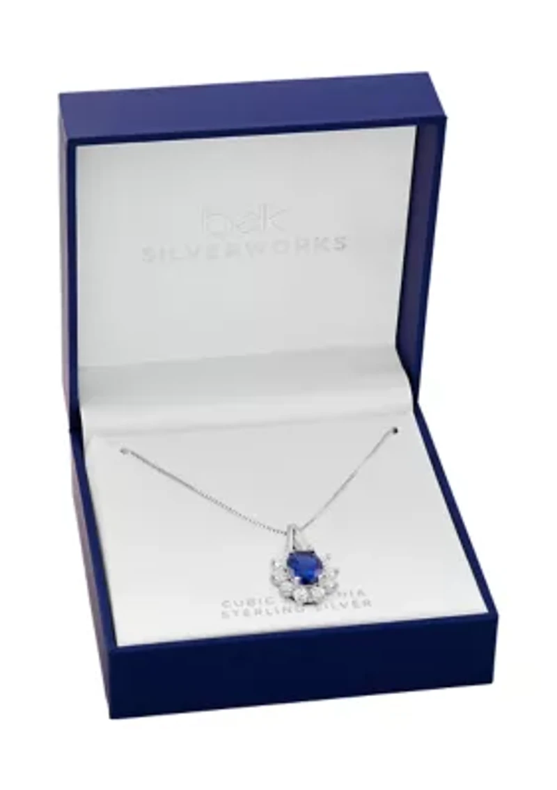 Sterling Silver Cubic Zirconia Blue Nano Oval Flower Pendant Necklace